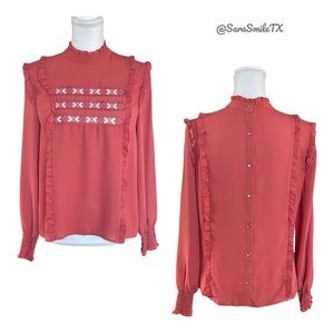 WAYF Boho Dusty Rose Ruffle Lace Mesh Panel Button Down Long Sleeve Top